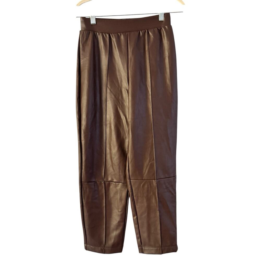 Tezenis Chestnut Brown Vegan Leather High Rise Pleated Pull On Pants Size Small